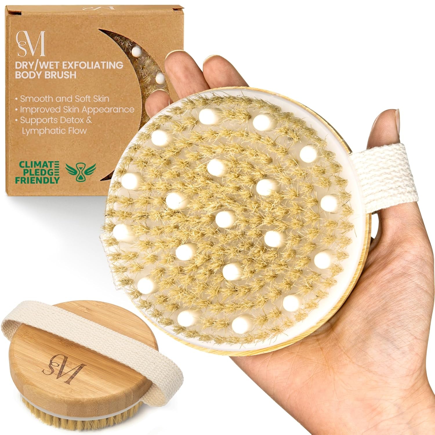 CSM Dry Brushing Body Brush for Lymphatic Drainage - Natural Boar Bristle Exfoliating Brush Set with Face Brush for Cellulite, Circulation & Glowing Skin