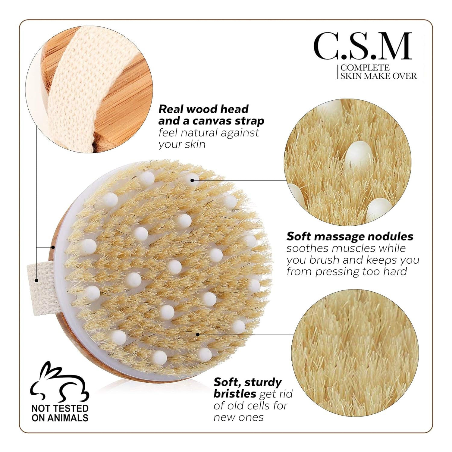 CSM Dry Brushing Body Brush for Lymphatic Drainage - Natural Boar Bristle Exfoliating Brush Set with Face Brush for Cellulite, Circulation & Glowing Skin