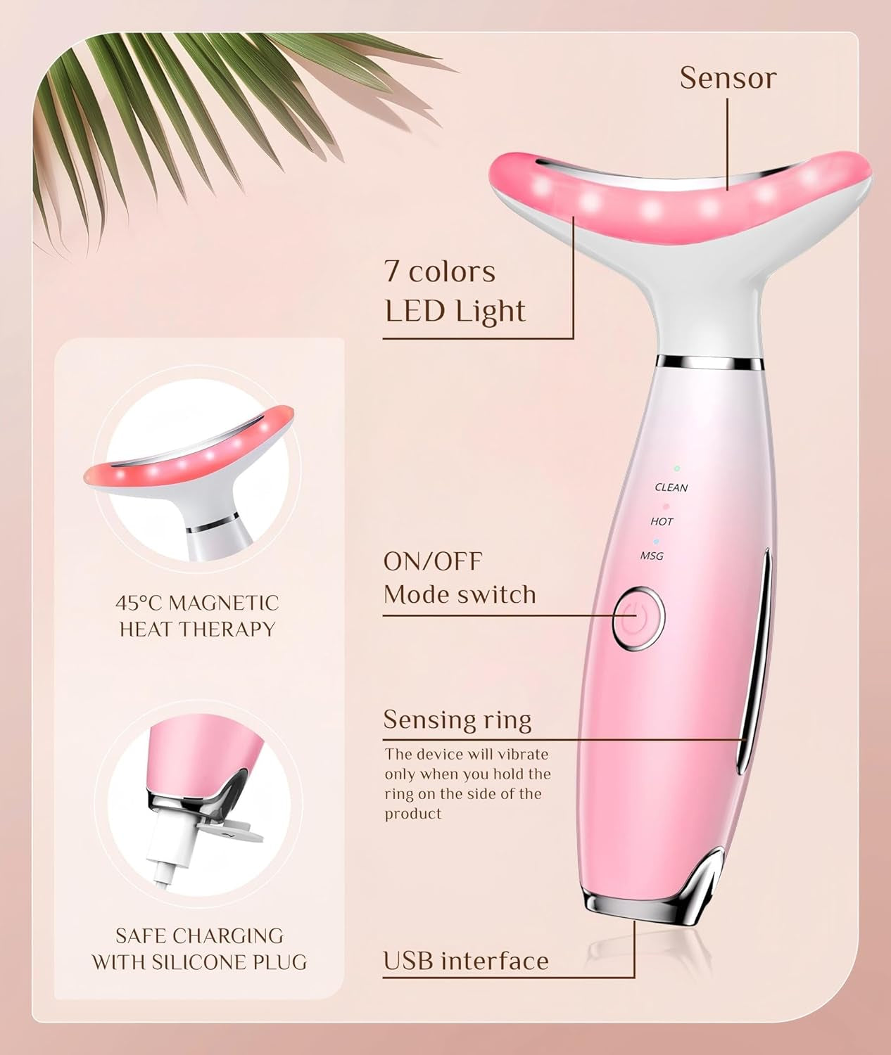 7 Color Galvanic Machines - Red Light Therapy for Face and Neck, Face Massager Tool for Wrinkles, Double Chin, Vibrating Facial Massager with Thermals, Pink